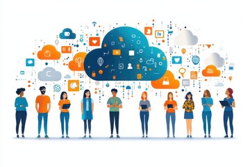 Diverse Group of People Connected to Cloud Technology and Digital Symbols