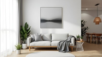 Stylish scandinavian living room with design furniture, plants, bamboo bookstand and wooden desk. Brown wooden parquet. Abstract painting on the white wall. Nice apartment. Modern decor of bright room