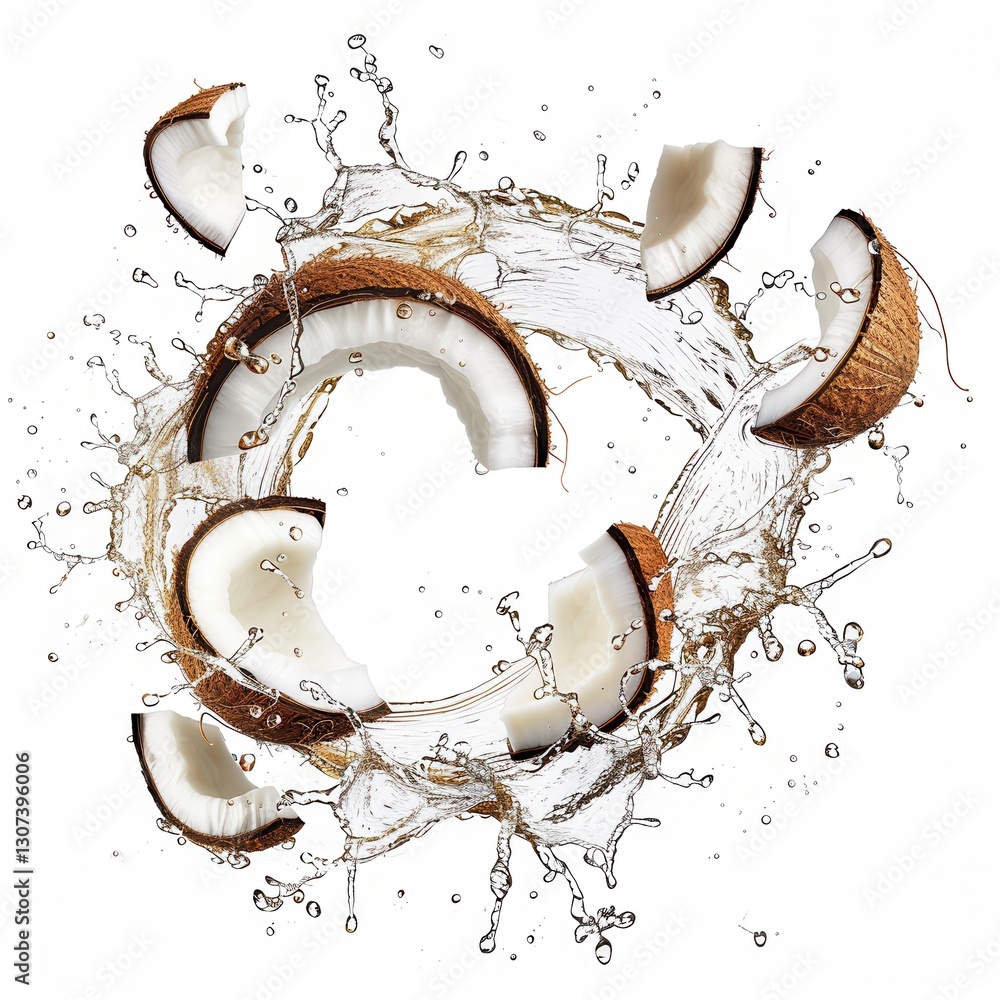 Poster coconut circles splashing in water creating a dynamic and refreshing photography composition