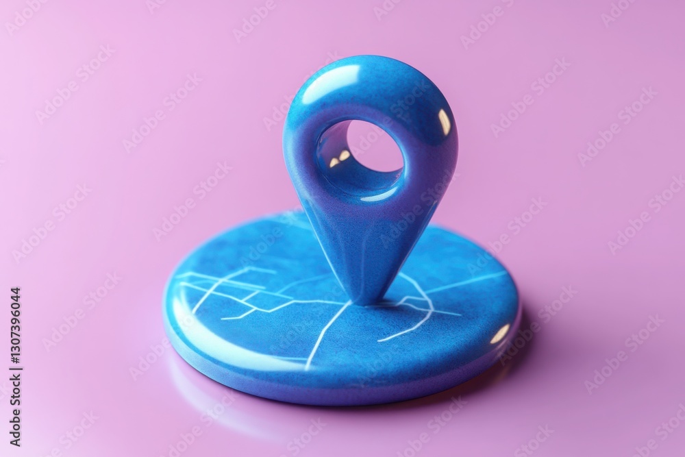 Poster a blue location pin is displayed on a map with a pink backdrop indicating direction guidance or a sp