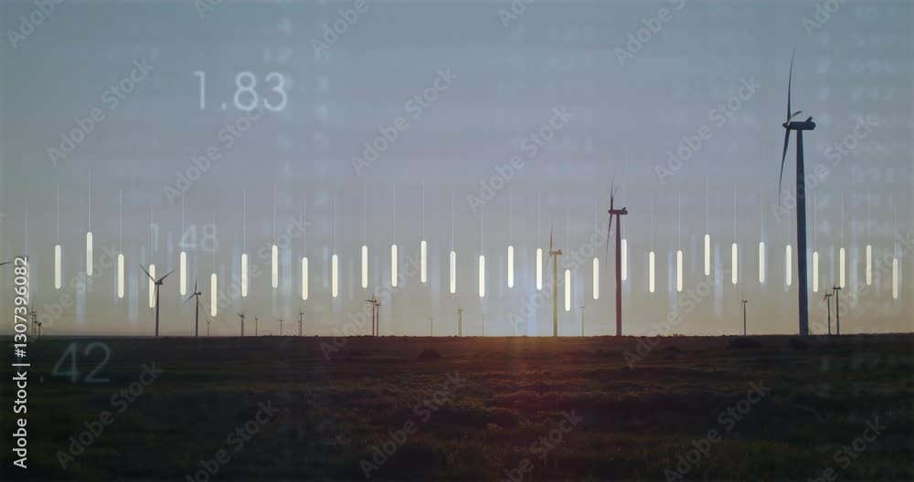 Poster wind turbines spinning on landscape with data processing animation overlaying scene