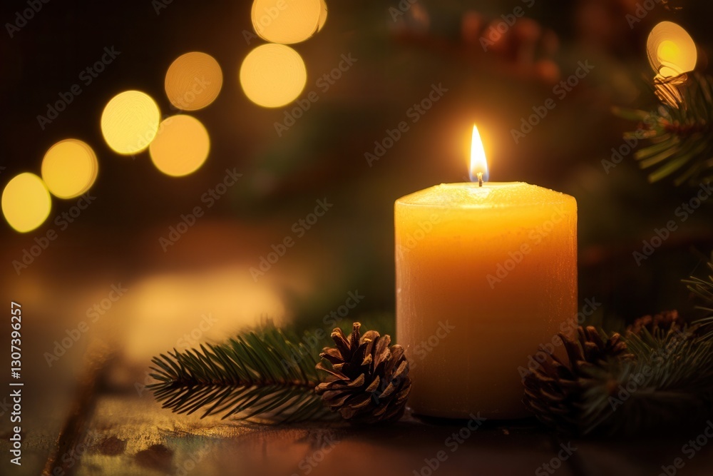 Poster warm candlelight shines on pine branches and cones, creating a cozy atmosphere during the holiday se