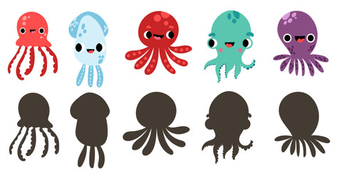 Cute octopus kid character with silhouette shadow . Ocean sea animals. Vector doodle cartoon set ideal for educational printable page. 