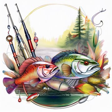beautiful border frame colorful vintage fishing lures and rods background, graphic resource banner