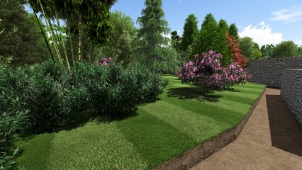 3d image of the landscape design of the home territory. Landscaping of the territory. Computer visualization of composite landscaping and landscaping solutions.