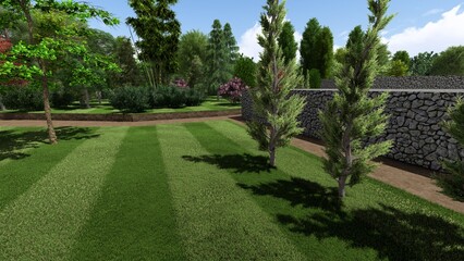 Obraz premium 3d image of the landscape design of the home territory. Landscaping of the territory. Computer visualization of composite landscaping and landscaping solutions.