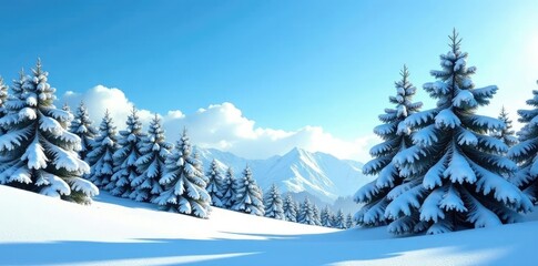 Snow-dusted evergreen trees under clear blue sky, landscape, winter