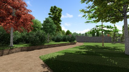 3d image of the landscape design of the home territory. Landscaping of the territory. Computer visualization of composite landscaping and landscaping solutions.