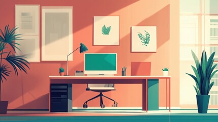 Stylized home office setup with indoor plants and serene peach color palette