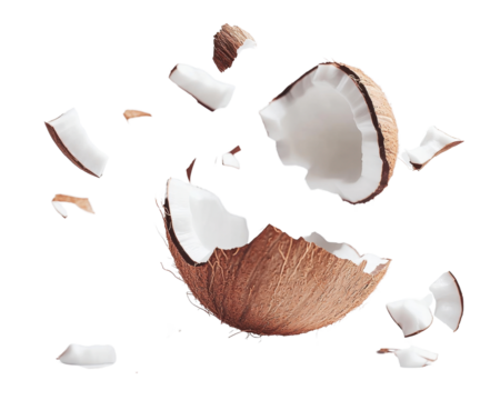 A coconut is split open and the pieces are scattered around
