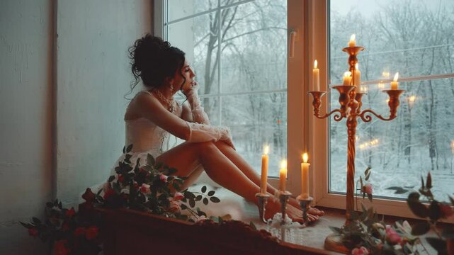 Portrait sexy girl princess sitting on windowsill looking out window waiting love. victorian lady beauty face. Sad Fantasy woman queen elf vintage dress white room old style. winter view tree candles