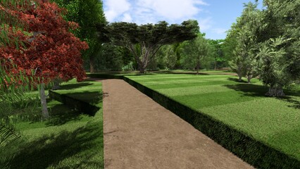 3d image of the landscape design of the home territory. Landscaping of the territory. Computer visualization of composite landscaping and landscaping solutions.