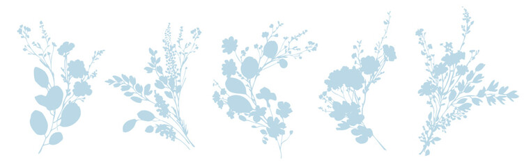 Vector silhouettes of bouquet of branches, herbs and leaves. Hand drawn flat vector botanical illustration, Flower bouquet silhouette, delicate wildflowers, meadow herbs