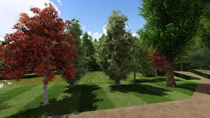 3d image of the landscape design of the home territory. Landscaping of the territory. Computer visualization of composite landscaping and landscaping solutions.