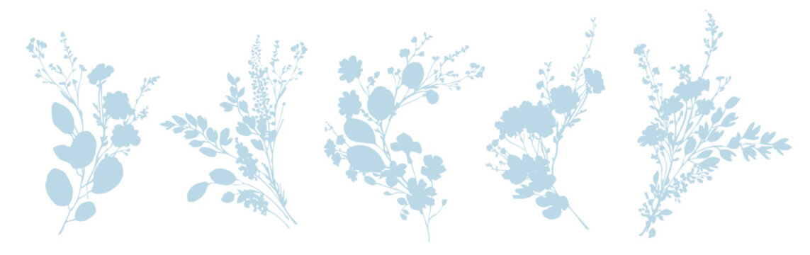 Vector silhouettes of bouquet of branches, herbs and leaves. Hand drawn flat vector botanical illustration, Flower bouquet silhouette, delicate wildflowers, meadow herbs