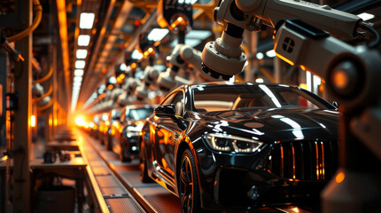 Fototapeta premium Robotic arms working on a production line in a car factory