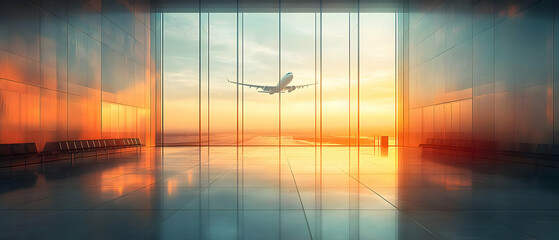 Sunset flight seen from airport lounge