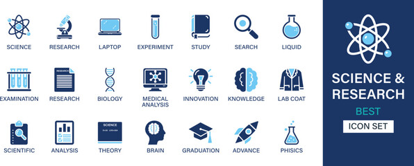 Science and research icon set collection. Experiment, study, search, liquid, examination, biology, medica, scientific, analysis. And solid icons.