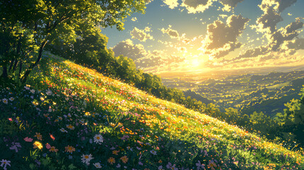 A beautiful hillside meadow filled with vibrant flowers and trees