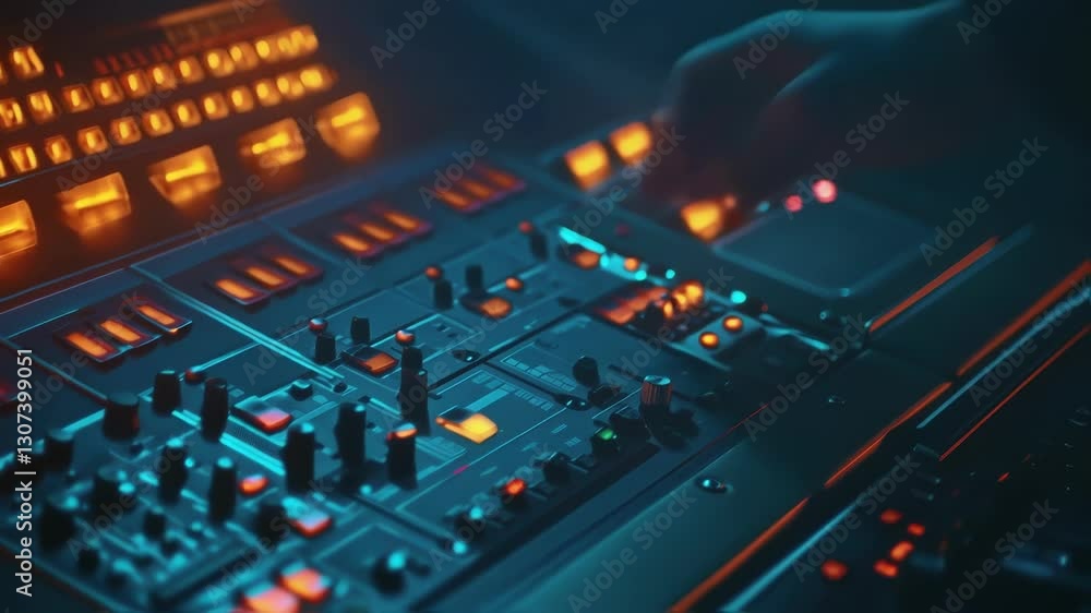 Poster professional audio engineer working on a large audio mixing console, adjusting knobs, faders, and bu
