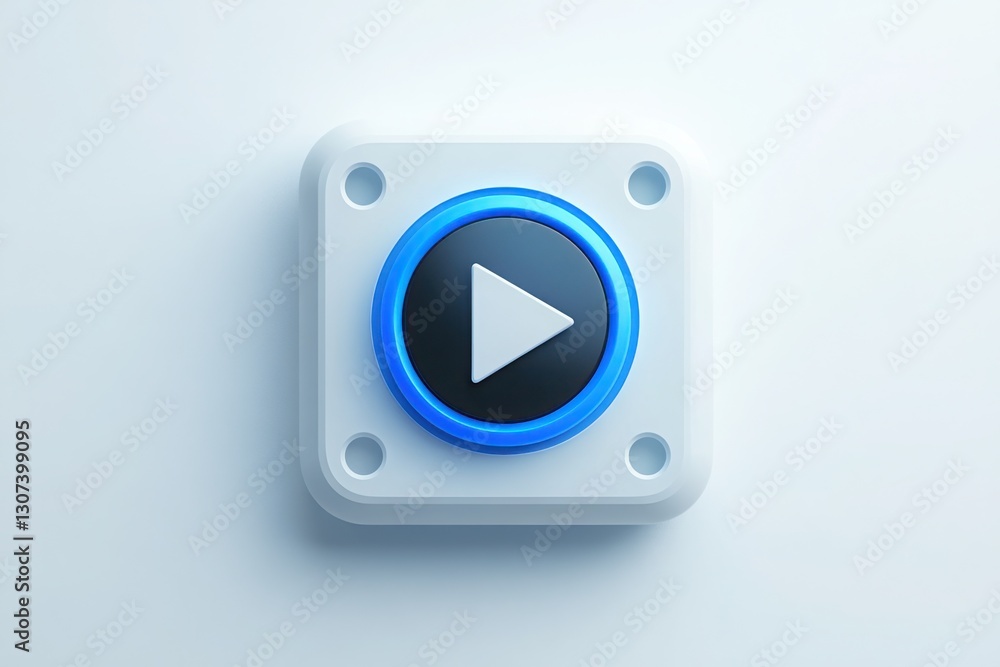 Aufkleber play button icon on a white surface embossed square shape with a circular play symbol blue outline a