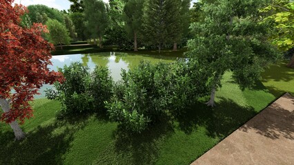 3d image of the landscape design of the home territory. Landscaping of the territory. Computer visualization of composite landscaping and landscaping solutions.
