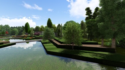 3d image of the landscape design of the home territory. Landscaping of the territory. Computer visualization of composite landscaping and landscaping solutions.