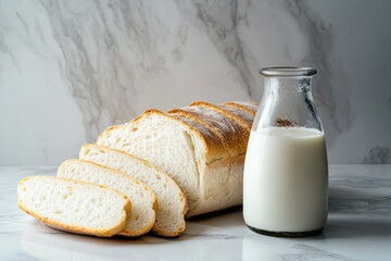 Freshly sliced bread with milk bottle on marble surface