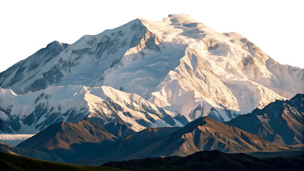 Obraz premium Majestic snow-covered mountain peak with rocky foreground on transparent background Denali mount North America, USA