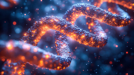 DNA strand composed of glowing particles, representing genetic research and biotechnology advancements