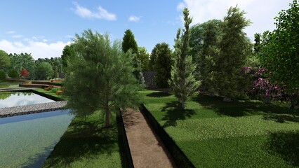 3d image of the landscape design of the home territory. Landscaping of the territory. Computer visualization of composite landscaping and landscaping solutions.
