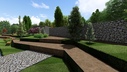 3d image of the landscape design of the home territory. Landscaping of the territory. Computer visualization of composite landscaping and landscaping solutions.