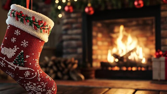 Warm Christmas atmosphere with white fluffy red socks hanging near the burning fireplace footage,hd,4k