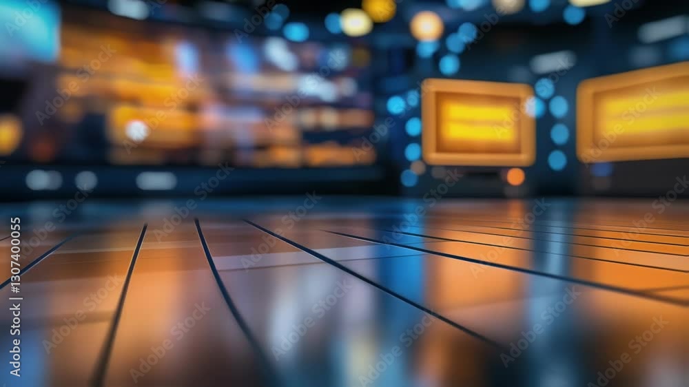 Poster polished studio floor reflecting blurred screens and colorful lights, generating abstract visual com