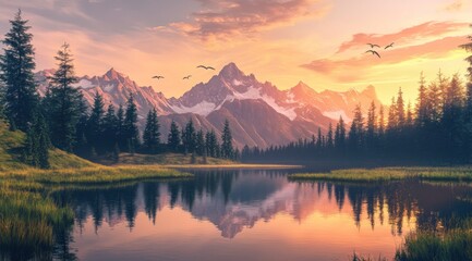 Serene mountain lake at sunrise, with reflections and birds.