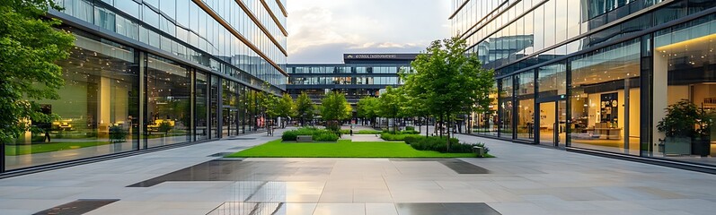 Modern urban courtyard with glass buildings, greenery, and a serene atmosphere during sunset.