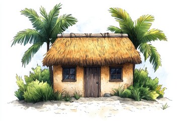 Tropical Getaway: Charming hut with thatched roof nestled between palm trees a serene island escape Watercolor illustration style