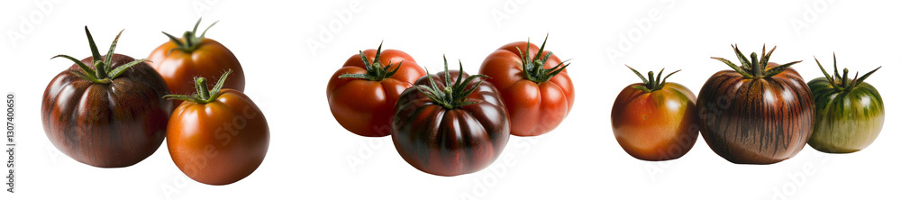 Poster The image features multi-colored red heirloom tomatoes with distinctive wrinkles and creases, and an irregular shape, isolated on a white background