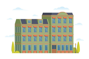 Urban Apartment or Tenement House &ndash; Vector Illustration in Flat Style. Industrial Era Architecture with Rooftop and Canopy.