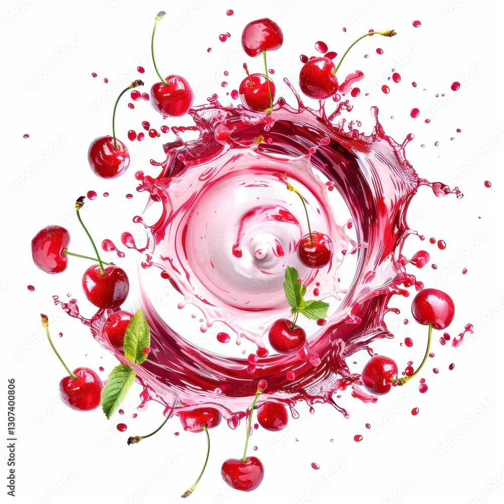 Poster circular milkshake splash with cherries and cream creating a dynamic and colorful visual effect