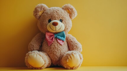 Close-up of a teddy bear with a colorful bow, sitting on a bright yellow surface, cheerful and playful, minimalistic