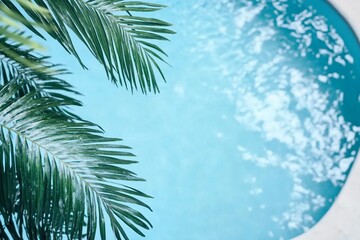 Obraz premium Pool with blue water top view with palm branch on foreground.