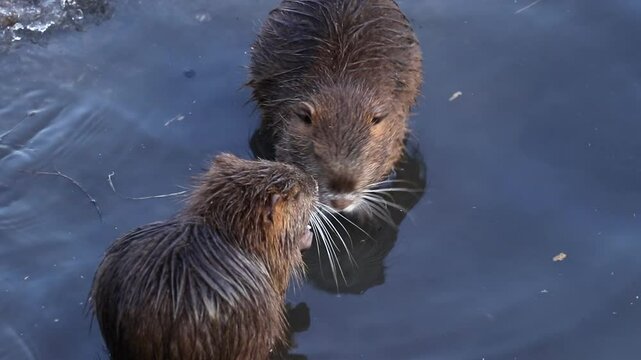 Wild nutria in a frozen pond in a city park.Survival of nutria in their natural habitat.