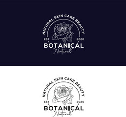 Botanical natural skin care beauty logo line art vector. Two variations of a logo featuring a stylized rose and the words