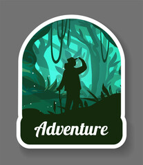 Jungle forest. Hiking adventure. Travel patch. Tree trunks. Tropical wildlife. Tourist silhouette. Rainforest foliage. Mystical landscape. Wilderness expedition. Vector camping label