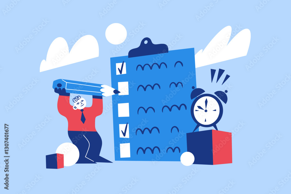Poster Check list. Task plan. Survey or checklist. Business man write in document. Tiny person holding big pencil. Goal success complete. Deadline clock. Efficient businessman. Vector concept