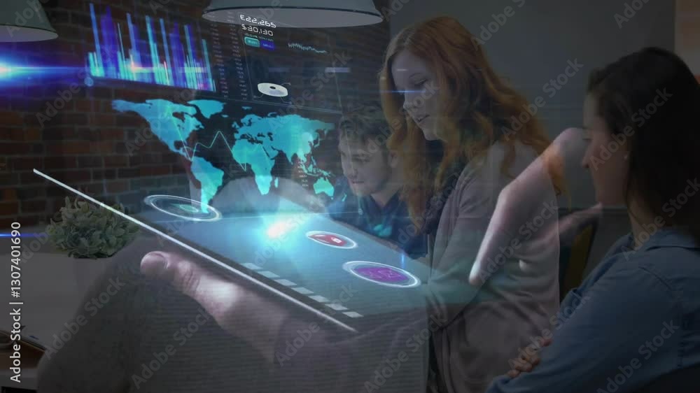 Poster collaborating in office, business team using digital interface for data animation
