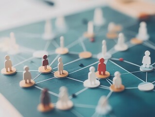 Players engage in a social network game, strategizing connections using colorful tokens on a board filled with lines. Interaction fosters teamwork and competition among participants
