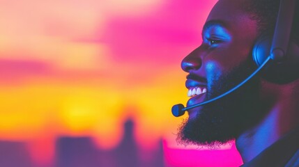 Fototapeta premium Close-up of a smiling call center agent holding a headset, placed on a clean background, inviting and professional, communication and support theme