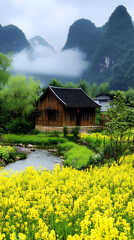 Fototapeta premium In the spring of Guangxi, there is an ancient Chinese village surrounded by mountains and rapeseed flowers in full bloom 